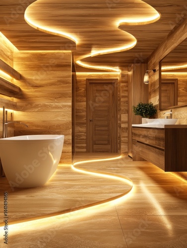 Luxurious Modern Bathroom Design with Wooden Walls and LED Lighting