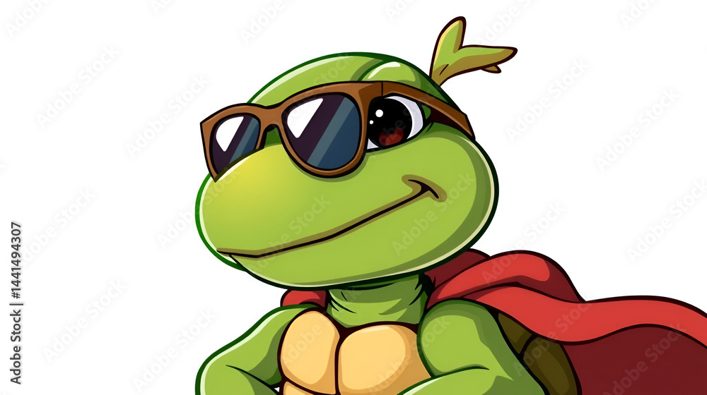 Fototapeta premium A cool cartoon turtle wearing sunglasses and a cape, ready for adventure with a determined expression.