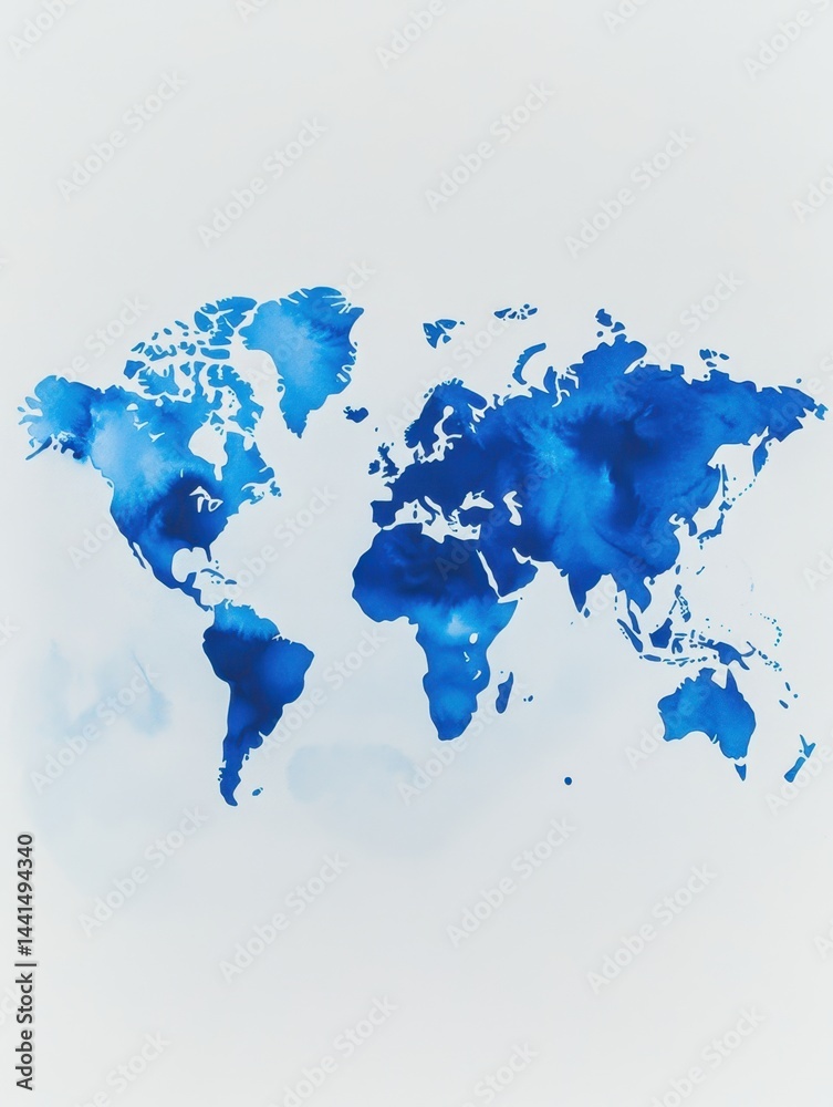 Artistic world map illustration in blue watercolor on white backdrop showcasing global connectivity and creative cartography with a clean and modern aesthetic