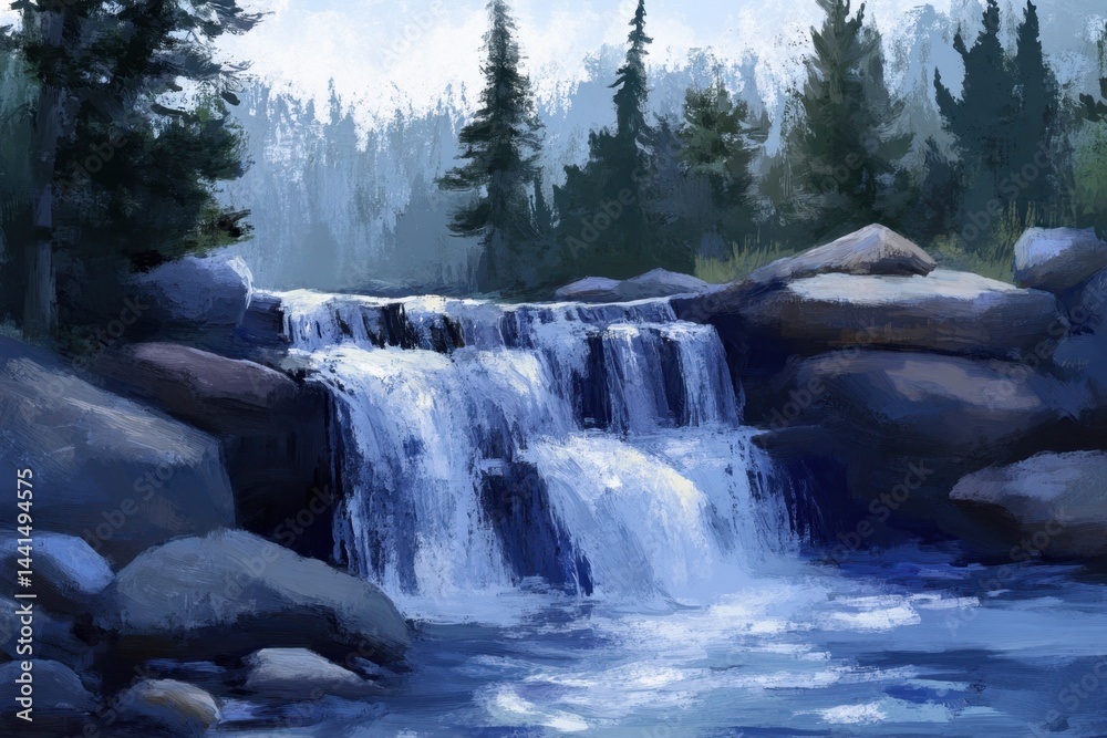 Serene Waterfall Painting Cascading Through Rocky Landscape Surrounded by Lush Forest Trees in a Tranquil Ambiance with a Calming and Relaxing Visual Mood