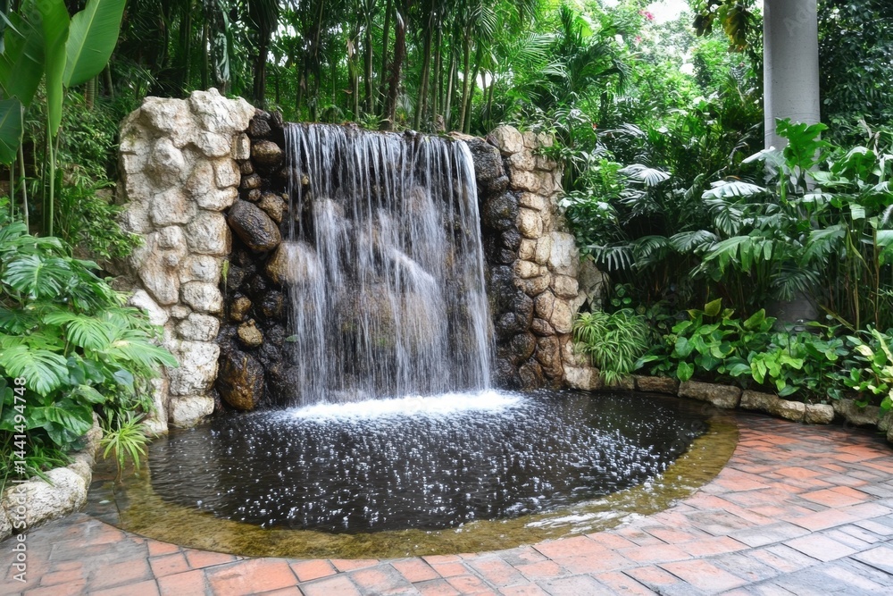 Serene waterfall cascading into a tranquil pond amidst lush tropical foliage creating a peaceful oasis with natural rock formations and vibrant greenery in a botanical garden