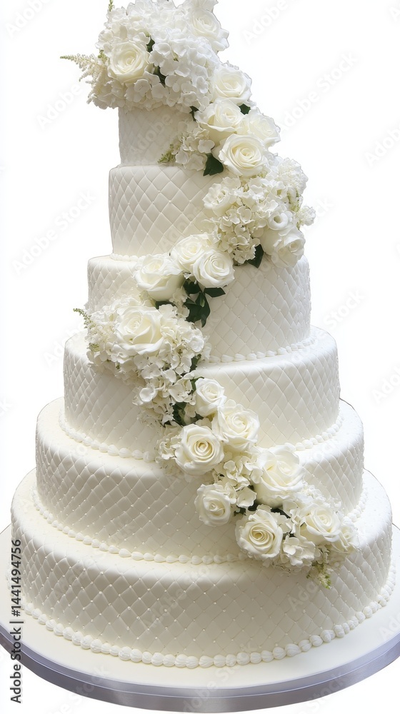 Elegant tiered wedding cake adorned with white roses and hydrangeas creating a romantic and sophisticated ambiance perfect for celebration and special occasion photography