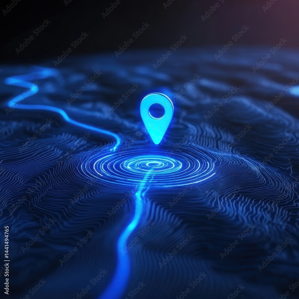 Digital Topographic Map with Glowing Location Pin and Contour Lines in Blue Tones for Technology and Navigation Concepts