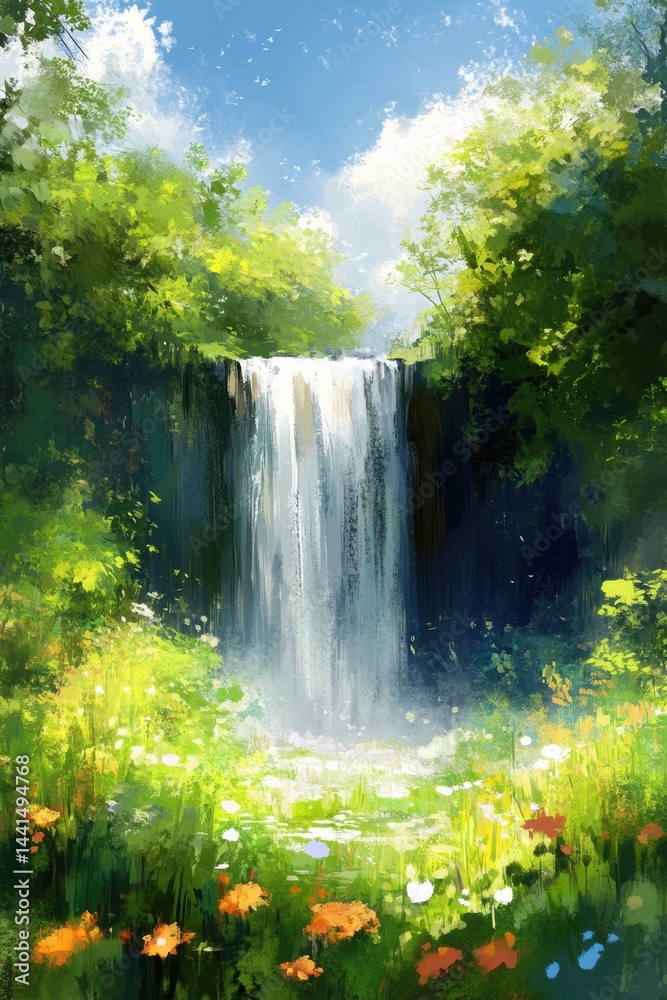 Serene waterfall cascading through lush green foliage in a vibrant painterly style capturing the beauty of nature with a bright sunny sky and colorful wildflowers