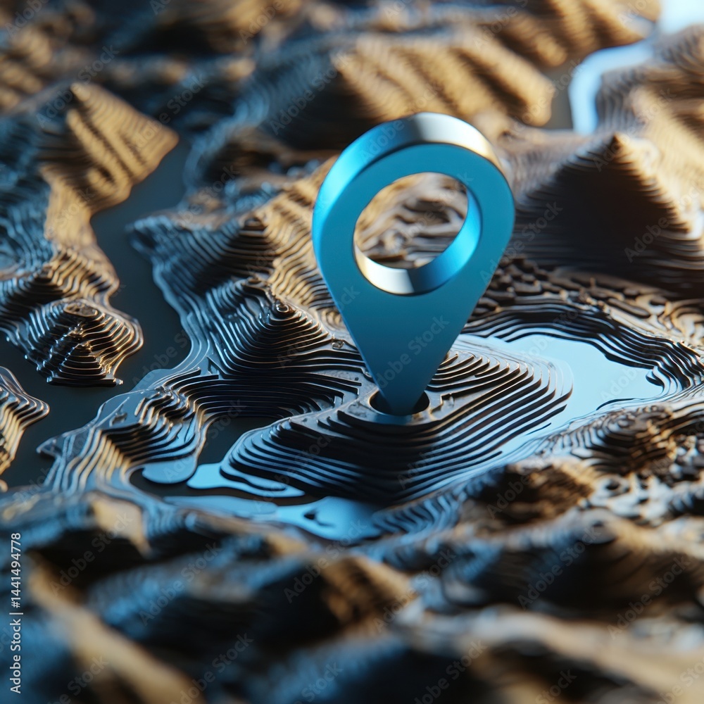 Topographic map with blue location pin indicating a precise point in a geographical area with a focus on navigation and destination in a stylized digital rendering