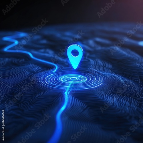 Obraz na płótnie Digital Topographic Map with Glowing Location Pin and Contour Lines in Blue Tones for Technology and Navigation Concepts w salonie