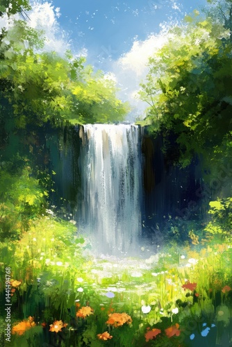 Obraz na płótnie Serene waterfall cascading through lush green foliage in a vibrant painterly style capturing the beauty of nature with a bright sunny sky and colorful wildflowers w salonie