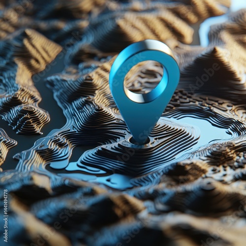 Obraz na płótnie Topographic map with blue location pin indicating a precise point in a geographical area with a focus on navigation and destination in a stylized digital rendering w salonie