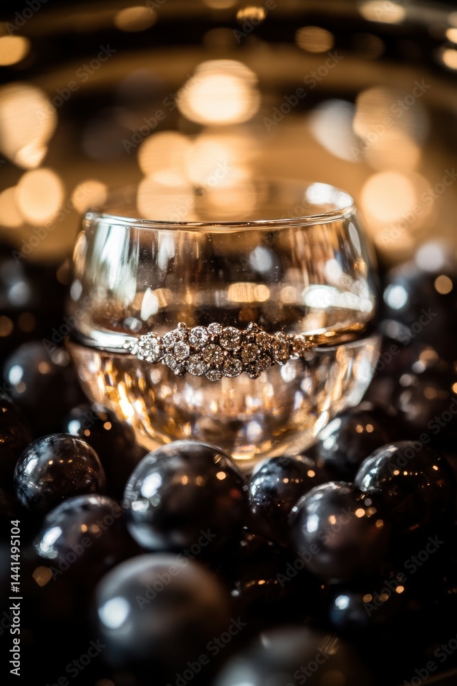 Elegant diamond bracelet resting on a glass cup surrounded by dark grapes creating a luxurious and captivating still life with a warm and inviting atmosphere