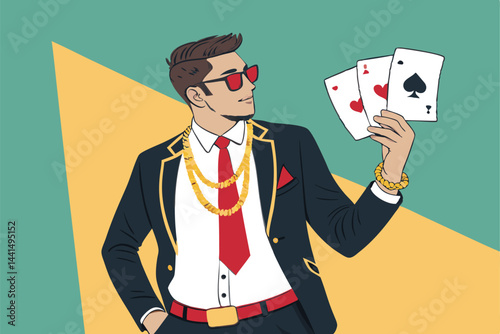 A sharply dressed poker dealer, vector illustration, confidently presenting a hand of cards.  Clean lines, stylish attire, casino setting implied.