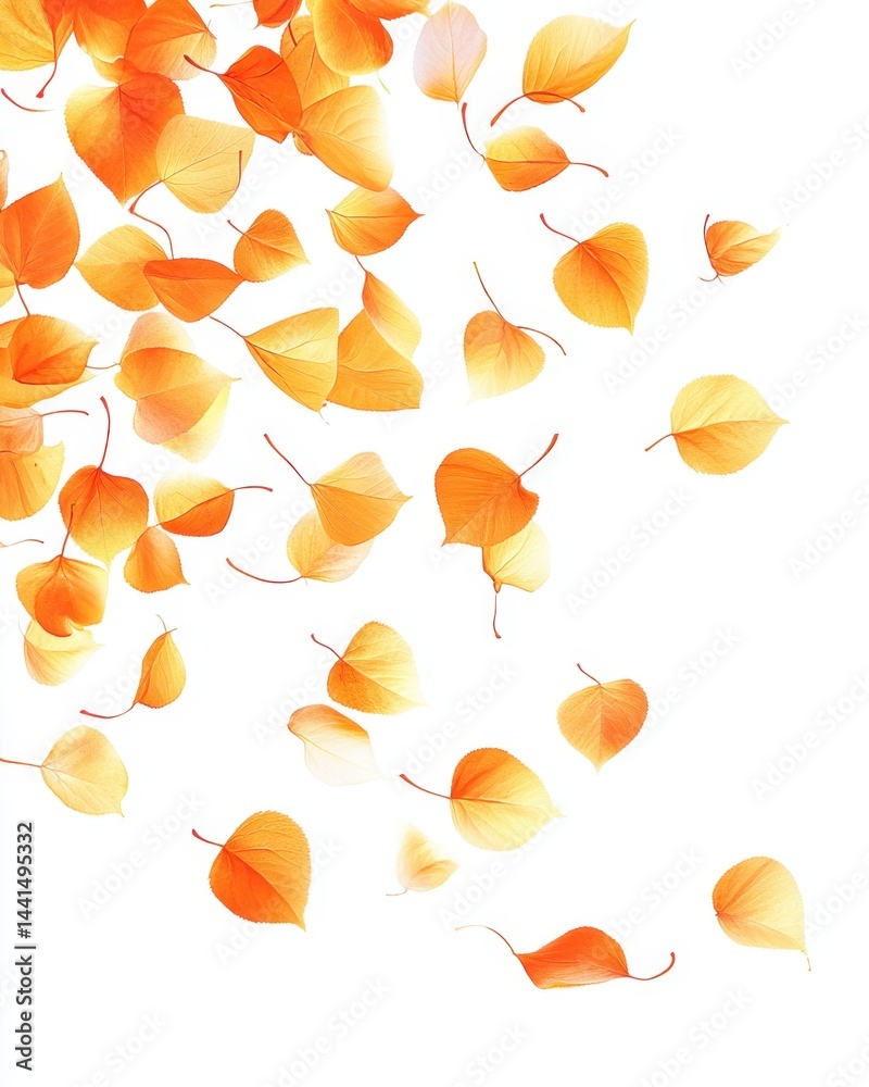 Ethereal autumn leaves gently falling on a pristine white backdrop creating a serene and captivating visual harmony with warm tones and delicate details