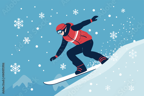 Create a vector art illustration of a snowboarder executing a dynamic jump, showcasing a powerful and athletic posture.  Focus on clean lines and vibrant colors.