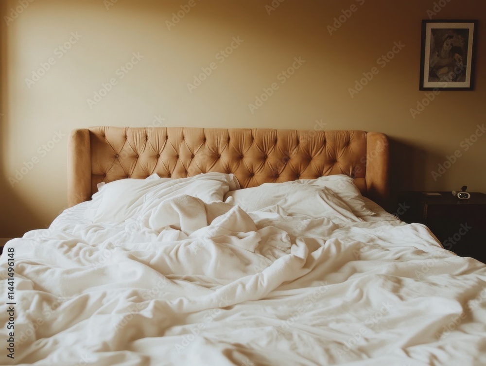 Cozy morning scene of a rumpled white bed with a tufted headboard inviting relaxation in a warm light bedroom interior with a framed picture on the wall