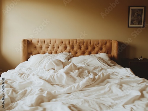 Cozy morning scene of a rumpled white bed with a tufted headboard inviting relaxation in a warm light bedroom interior with a framed picture on the wall