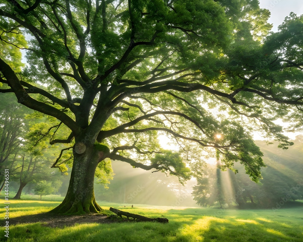 Majestic Large Green Tree Backlit by Sunlight in a Lush Park Majestic Large Green Tree Backlit by Sunlight in a Lush Park