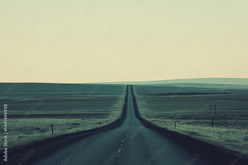 Serene road stretching into the horizon through vast plains under a soft sky creating a sense of freedom and adventure in a minimalist style landscape