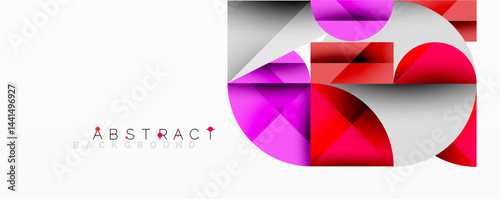 Geometric shapes overlap, creating vibrant pink, red, gray design. Modern aesthetic, clean lines, minimalist composition.