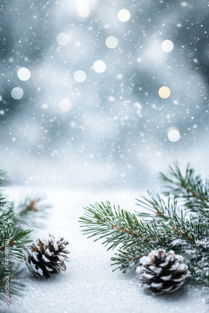 Enchanting Winter Scene with Pine Cones and Evergreen Branches in a Snowy Festive Ambiance Capturing the Magic of Christmas Season with Soft Bokeh Lights
