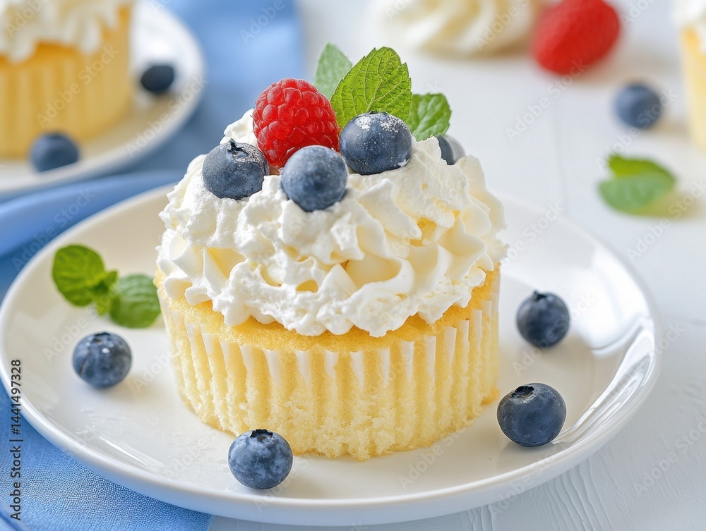 Delightful cupcake adorned with whipped cream fresh blueberries raspberry and mint leaf on white plate bright and inviting dessert photography food styling