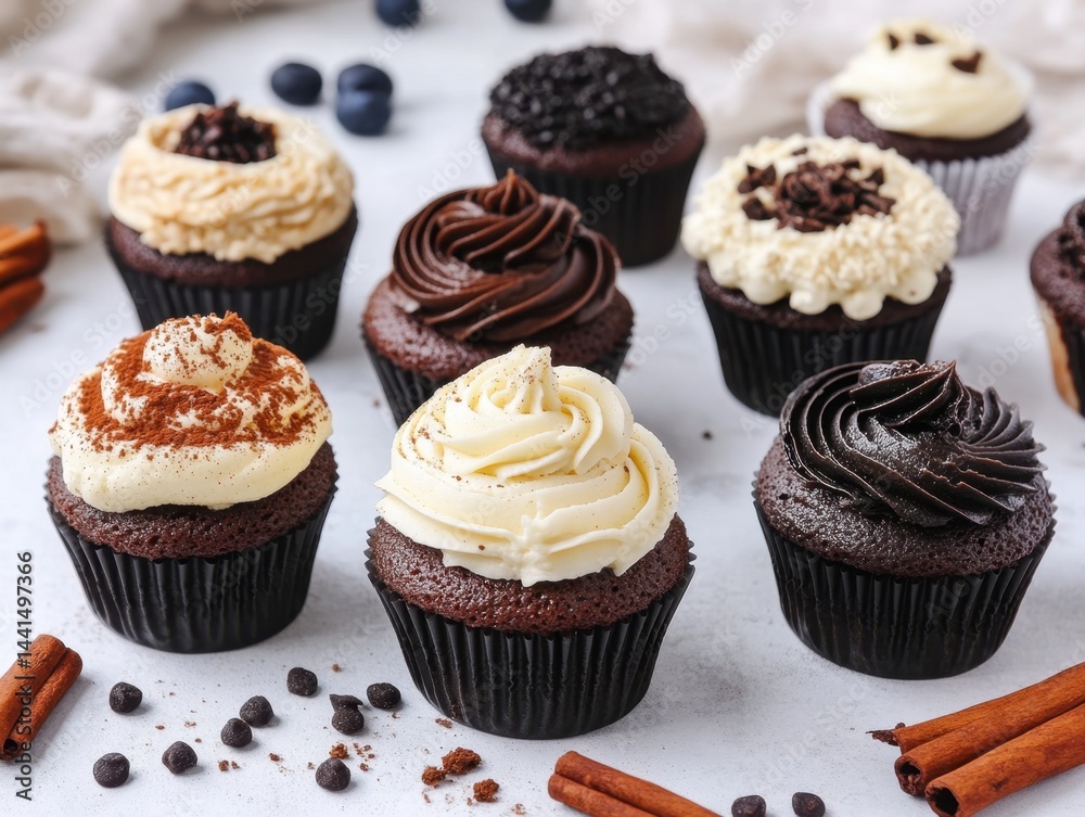Delicious assortment of chocolate cupcakes with various creamy toppings on a bright surface, showcasing gourmet dessert, studio shot, eye level view, food photography