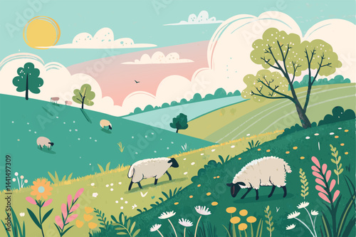 Idyllic spring scene fluffy white sheep grazing peacefully in a vibrant green field under a clear, sunny sky.
