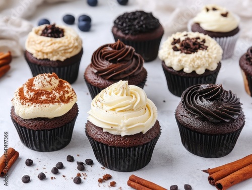 Obraz na płótnie Delicious assortment of chocolate cupcakes with various creamy toppings on a bright surface, showcasing gourmet dessert, studio shot, eye level view, food photography w salonie