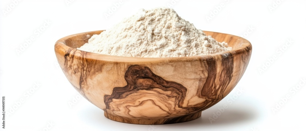 Rustic wooden bowl filled with natural flour on a clean white background showcasing baking ingredient and healthy food preparation in a minimalist style