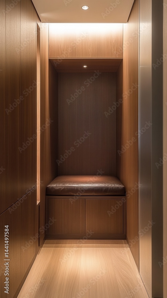 Cozy nook with wooden walls and leather seat inviting relaxation in a modern interior design concept with warm lighting and minimalist style