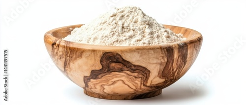 Rustic wooden bowl filled with natural flour on a clean white background showcasing baking ingredient and healthy food preparation in a minimalist style