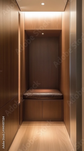 Cozy nook with wooden walls and leather seat inviting relaxation in a modern interior design concept with warm lighting and minimalist style