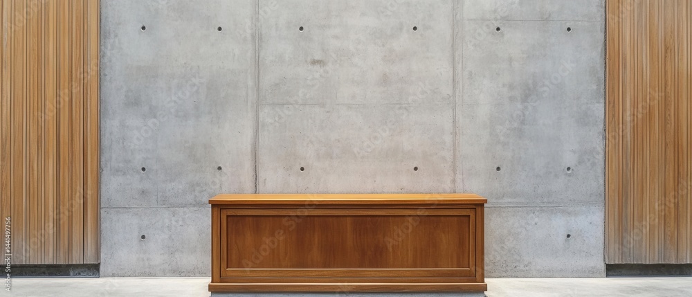 Minimalist interior featuring a wooden cabinet against a concrete and wood panel wall creating a modern and serene architectural space with a clean design