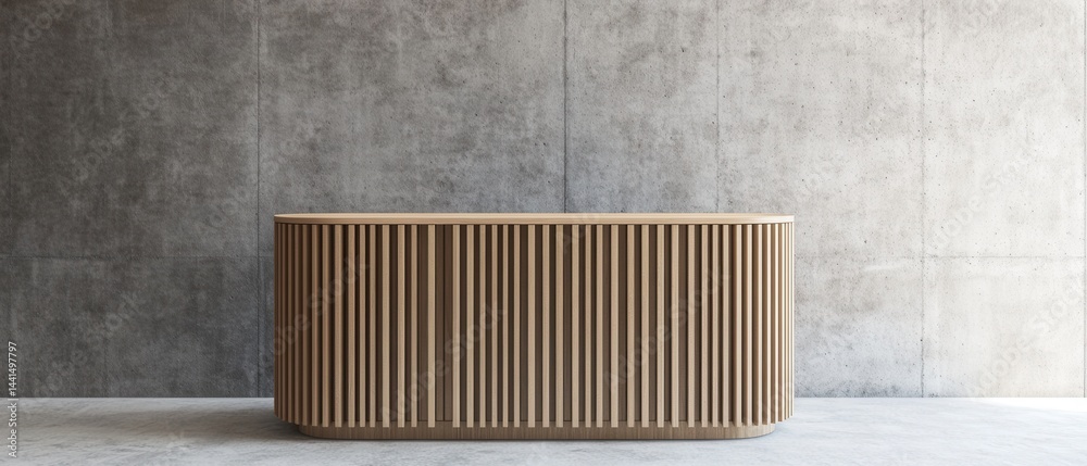 Elegant wooden cabinet with vertical slats against a textured concrete wall in a minimalist setting showcasing modern interior design and architectural detail