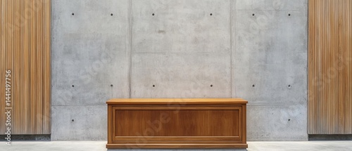 Obraz na płótnie Minimalist interior featuring a wooden cabinet against a concrete and wood panel wall creating a modern and serene architectural space with a clean design w salonie