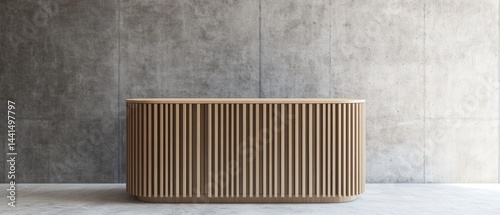 Obraz na płótnie Elegant wooden cabinet with vertical slats against a textured concrete wall in a minimalist setting showcasing modern interior design and architectural detail w salonie