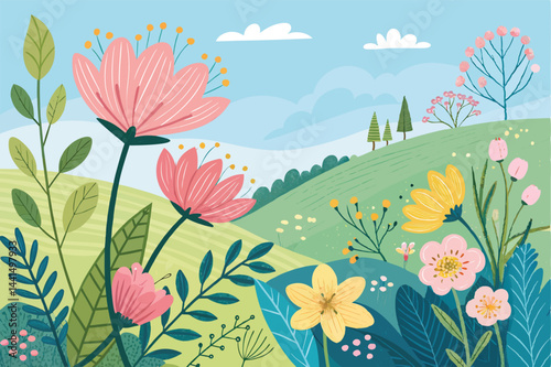 Vibrant spring landscape showcasing a profusion of colorful blooming flowers in a lush meadow, bathed in sunlight.