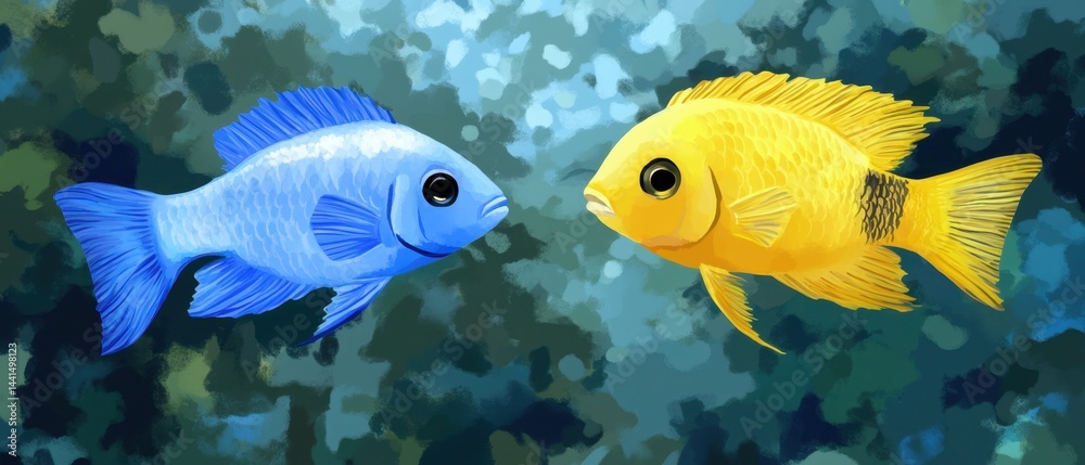 Vibrant underwater scene featuring a captivating blue fish and a golden fish swimming gracefully in a colorful aquatic habitat with a serene and peaceful mood