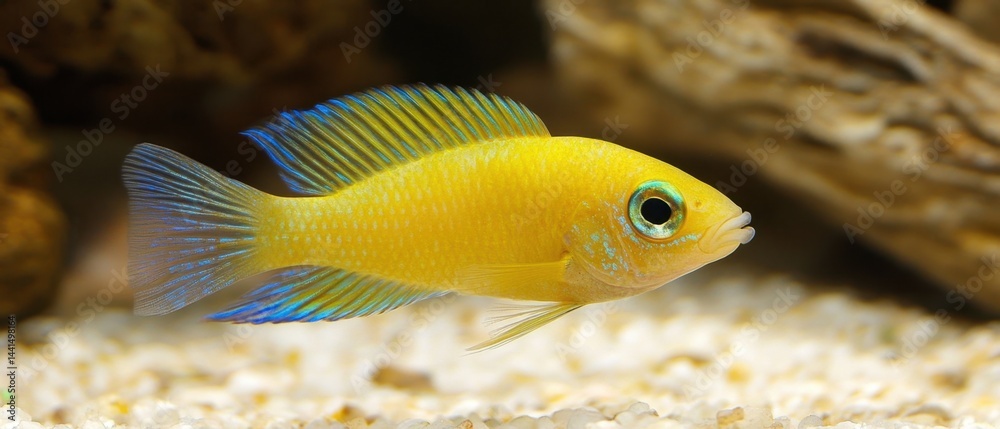 Captivating golden labidochromis caeruleus swimming gracefully in its natural habitat with vibrant colors and intricate details in a serene aquarium setting