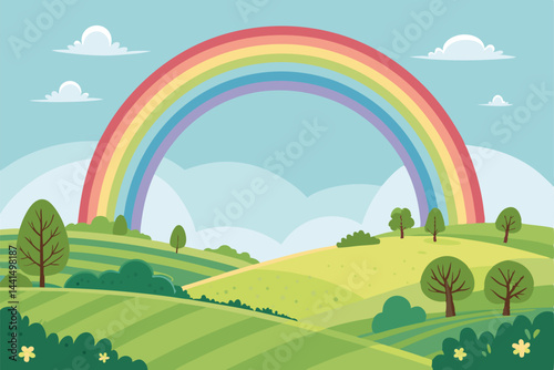 A vibrant spring landscape painting depicting lush green fields, a gentle rain shower, and a breathtaking rainbow arching overhead.