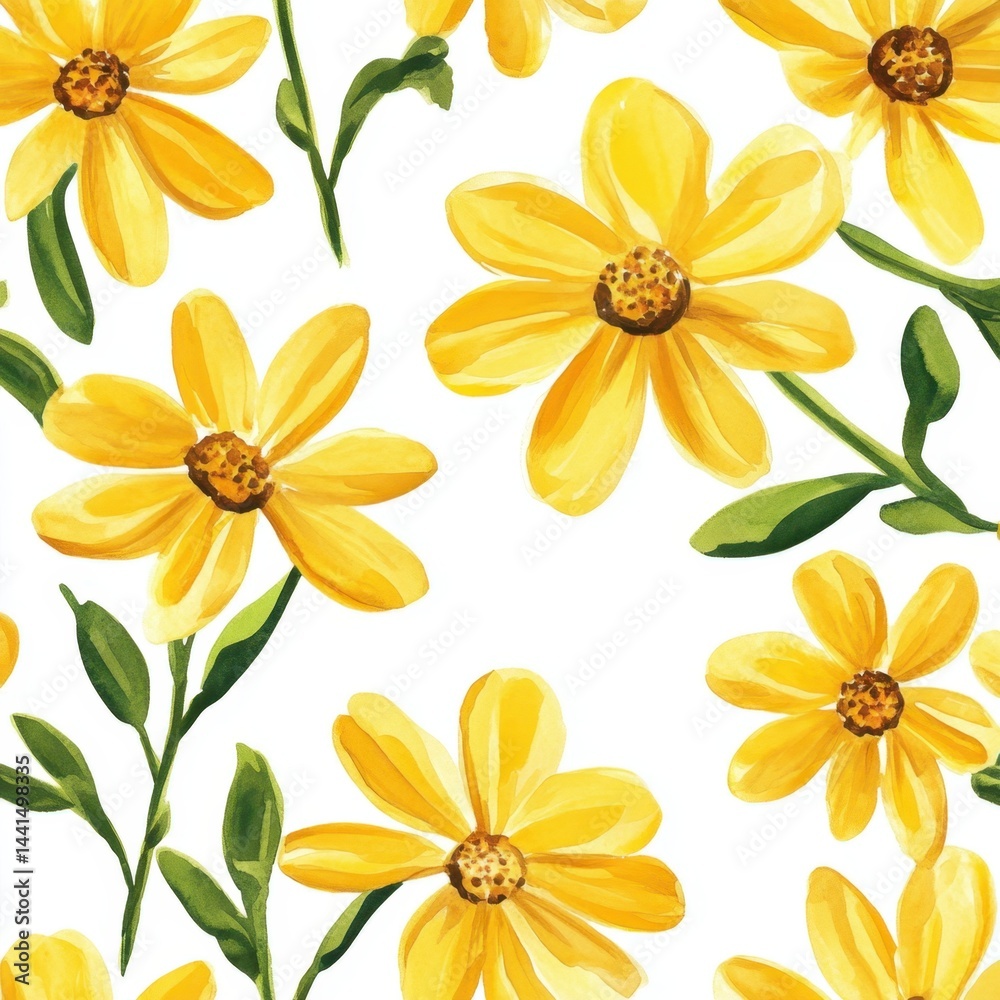 Watercolor yellow floral pattern with green leaves on white background creating a vibrant and cheerful design, perfect for spring and summer themes in a bright style