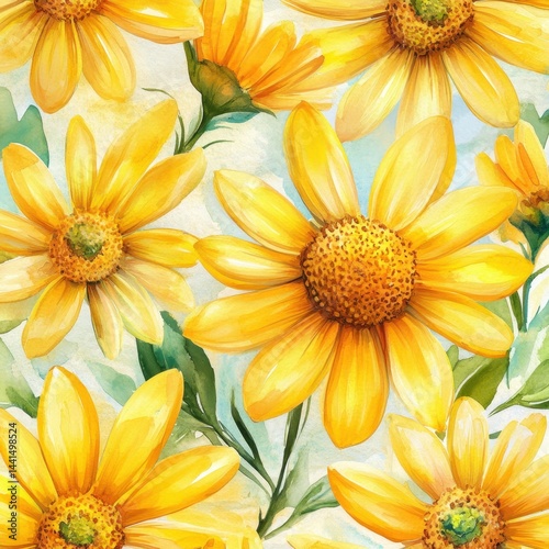 Obraz na płótnie Sunny Yellow Daisy Watercolor Pattern A Captivating Floral Design with Delicate Petals and Vibrant Colors for a Cheerful and Artistic Aesthetic w salonie