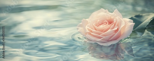 Delicate pink rose afloat on still water.