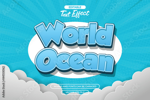 World ocean editable text effect with blue comic background and cartoon style text