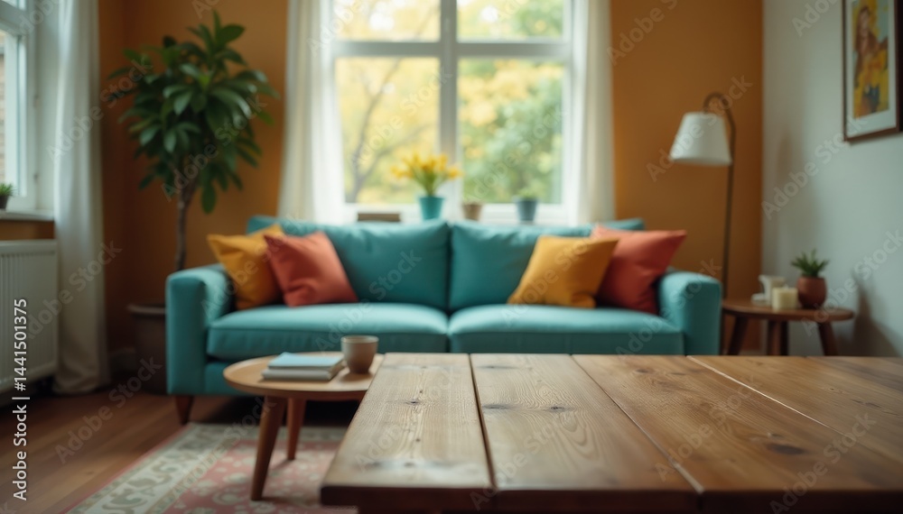 Fototapeta premium Soft focus living room, blurred sofa and wooden table, retro home style, house, focus