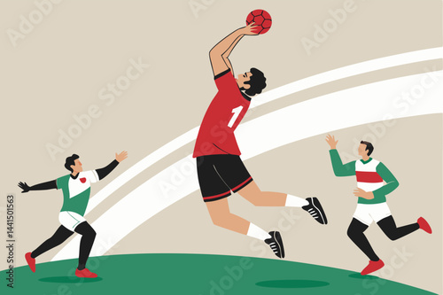 Create a stylized illustration of a handball player executing a powerful jump shot, emphasizing dynamic motion and solid form.  The style should be clean and graphic.