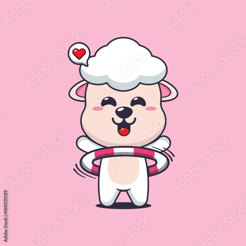 Cute sheep cartoon vector illustration playing hula hoop