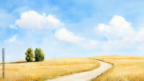 A serene minimalist countryside landscape painting featuring soft colors and tranquility.