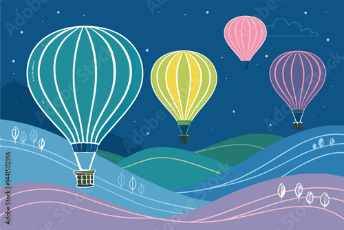 Create a stylized illustration of vibrant hot air balloons gracefully floating above rolling hills at sunset, with a whimsical, artistic flair.