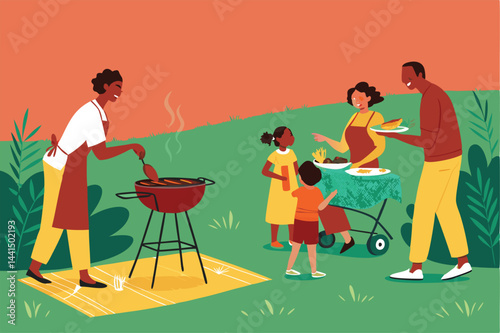 A vibrant, stylized illustration of a happy family grilling and enjoying a barbecue outdoors in a backyard setting, emphasizing joyful expressions and summery vibes.