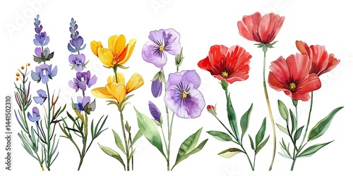Picture water colour, hand draw, Red flowers, purple, yellow.