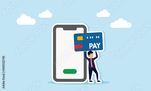 Businessman holding a credit or debit card labeled PAY near a smartphone, illustration of a cashless and technology-based payment system